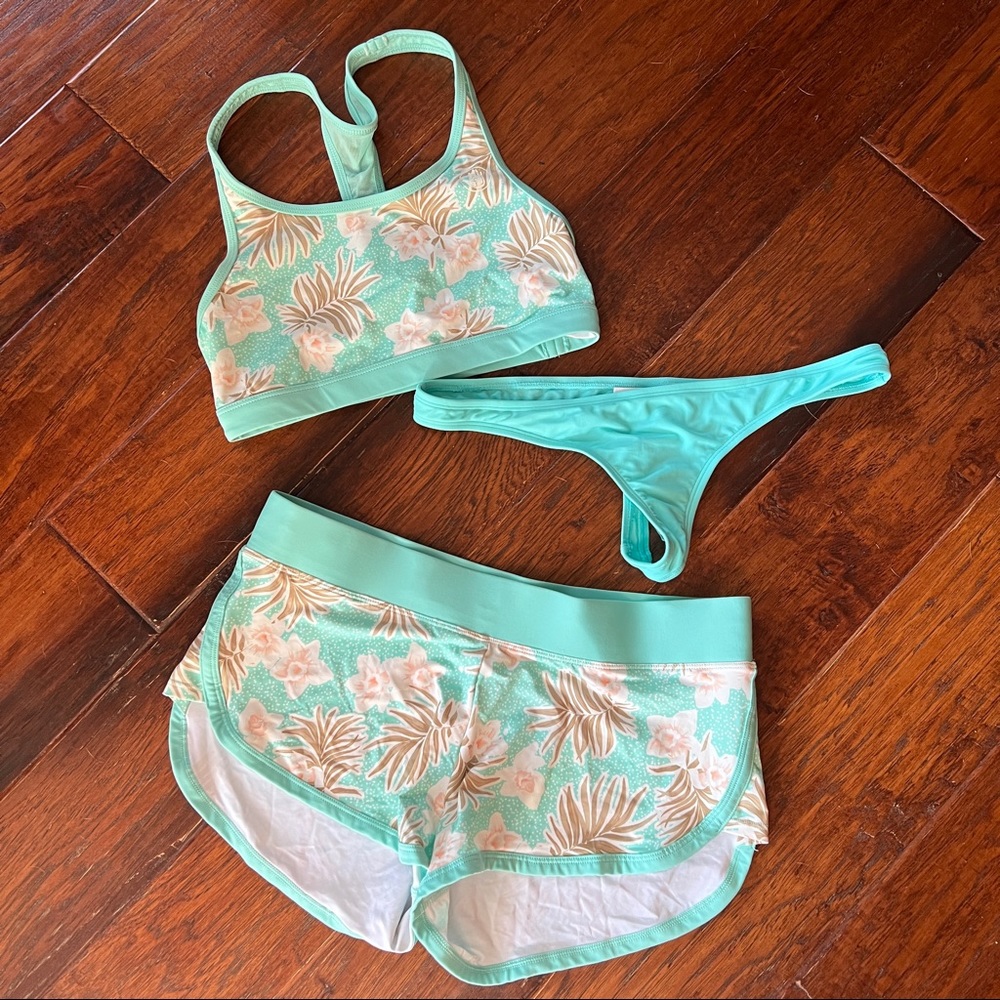 Body Glove Swim/Active top, matching shorts, and thong bikini bottom